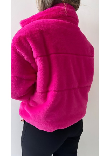 Gold Fermuarlı Kısa Peluş Mont Fuşya