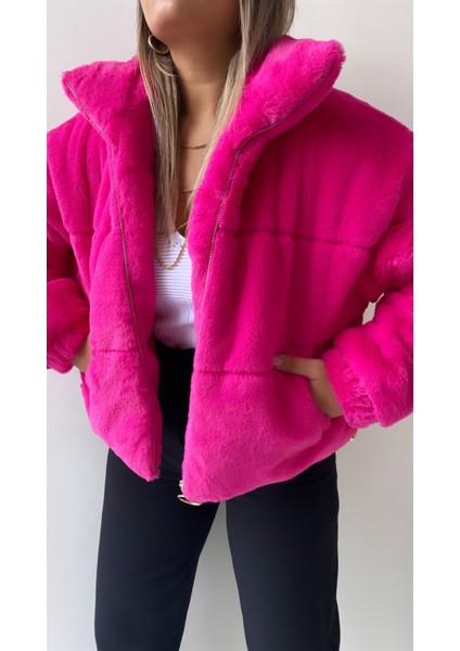 Gold Fermuarlı Kısa Peluş Mont Fuşya