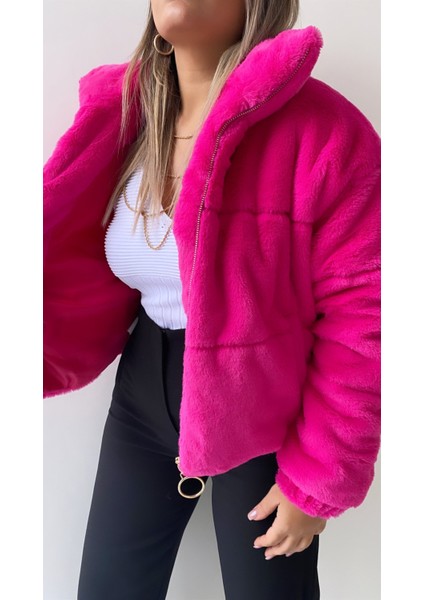 Gold Fermuarlı Kısa Peluş Mont Fuşya