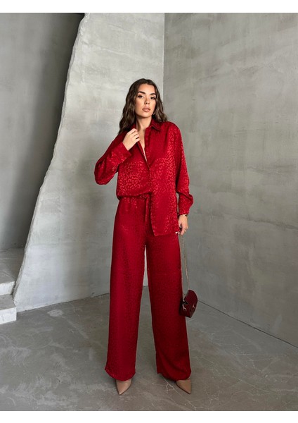 Parlak Desenli Gömlek Pantolon Takım Bordo