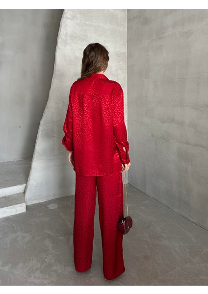 Parlak Desenli Gömlek Pantolon Takım Bordo