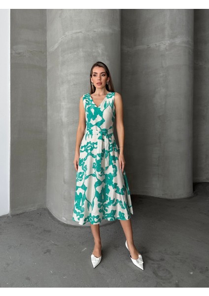 Kuşaklı Desenli Kalın Askılı Elbise Yeşil modelleri