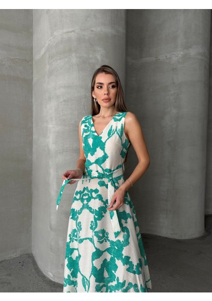 Kuşaklı Desenli Kalın Askılı Elbise Yeşil indirimleri