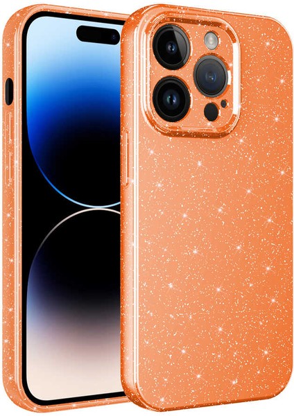 iPhone 14 Pro Uyumlu Kamera Korumalı Simli Lüks Vlmt Koton Kapak-Turuncu