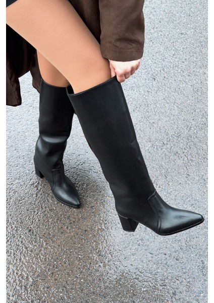 Solvren Kadın Topuklu Xl Çizme Siyah Mat Deri indirimleri