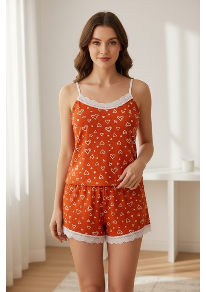 Kadın Turuncu Kalp Desenli Askılı Şortlu Dantelli Pijama Takımı fiyatları
