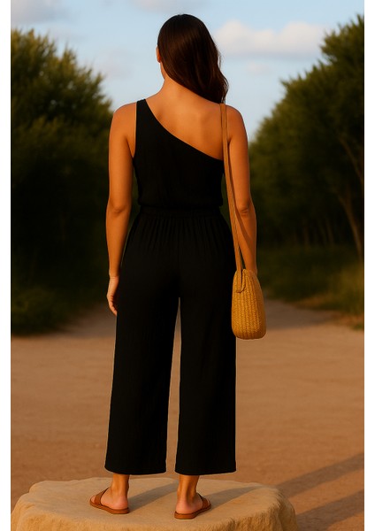 Kadın Siyah Tek Omuzlu Şık Bluz & Geniş Paça Pantolon Ikili Takım fırsatları