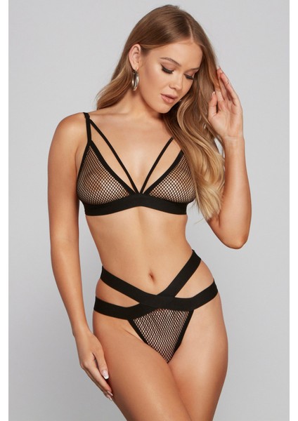 Kadın Siyah Fileli Beli Çapraz Lastikli Sütyen Takımı