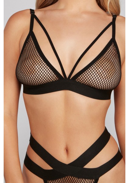 Kadın Siyah Fileli Beli Çapraz Lastikli Sütyen Takımı modelleri