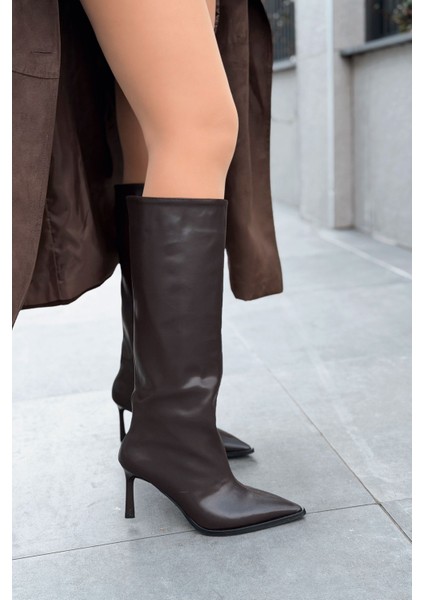 Aviren Kadın Topuklu Çizme Acıkahve Mat Deri indirimleri
