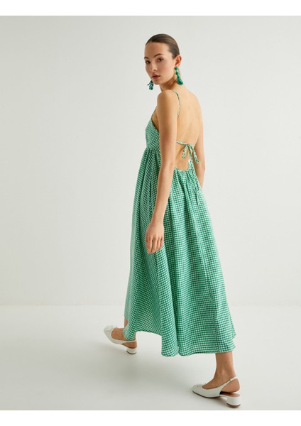 Pötikareli Askılı Midi Elbise Sırt Dekolteli Bağlama Detaylı Astarlı