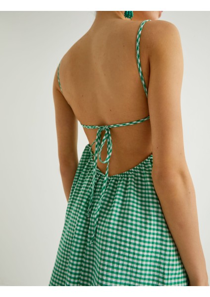 Pötikareli Askılı Midi Elbise Sırt Dekolteli Bağlama Detaylı Astarlı