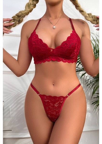 Kadın Bordo Sırtı Dantel ve Ip Detaylı Şık Sütyen Külot Takımı