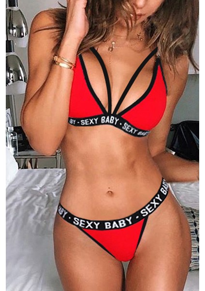 Kadın Kırmızı Yazı Detaylı Ipli Sütyen Takımı