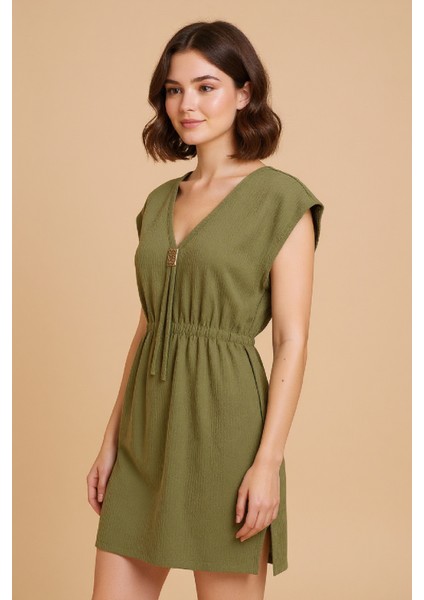 Kadın Haki Yanları Yırtmaçlı Tokalı V Yaka Mini Plaj Elbisesi fiyatları