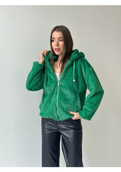 Etek Ucu Lastikli Kapüşonlu Peluş Mont Yeşil