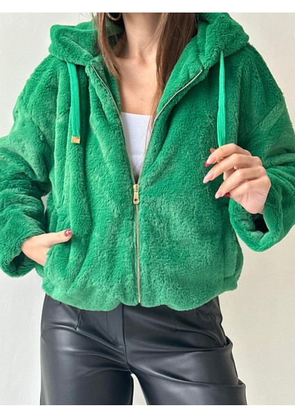 Etek Ucu Lastikli Kapüşonlu Peluş Mont Yeşil fiyatları