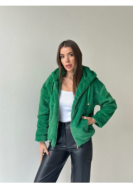 Etek Ucu Lastikli Kapüşonlu Peluş Mont Yeşil fırsatları