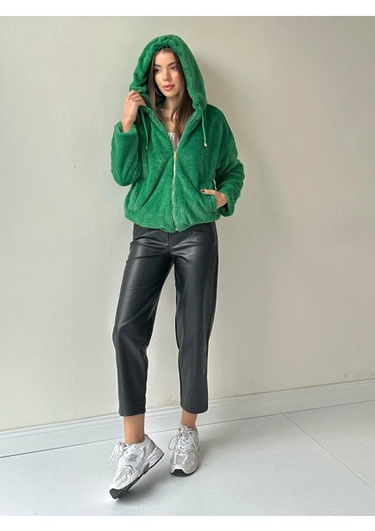 Etek Ucu Lastikli Kapüşonlu Peluş Mont Yeşil indirimleri