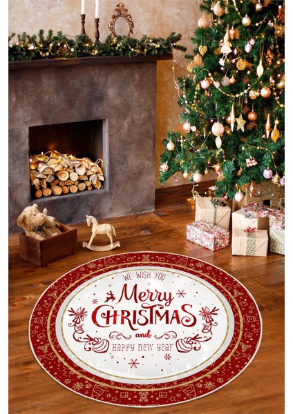 Dijital Baskılı Kaymaz Tabanlı Yıkanabilir Yuvarlak Kırmızı Merry Christmas Halısı