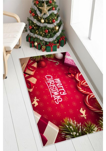 Yılbaşı Temalı Merry Christmas Dijital Baskılı Yıkanabilir Kırmızı Halı