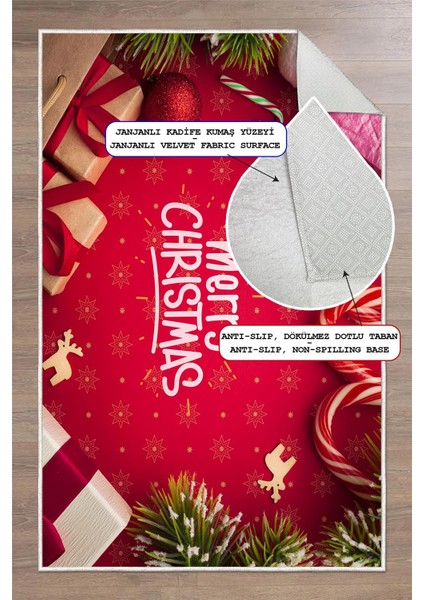 Yılbaşı Temalı Merry Christmas Dijital Baskılı Yıkanabilir Kırmızı Halı modelleri