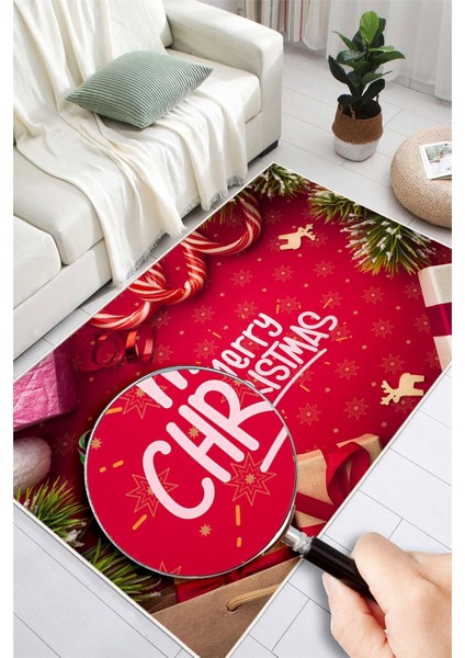 Yılbaşı Temalı Merry Christmas Dijital Baskılı Yıkanabilir Kırmızı Halı fırsatları