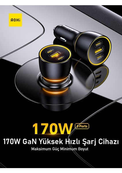 Araç Içi 3 Portlu 170W Şarj Cihazı, 140W 1m Pd 3.1 480MBPS Süper Hızlı Şarj/data Kablosu Seti modelleri