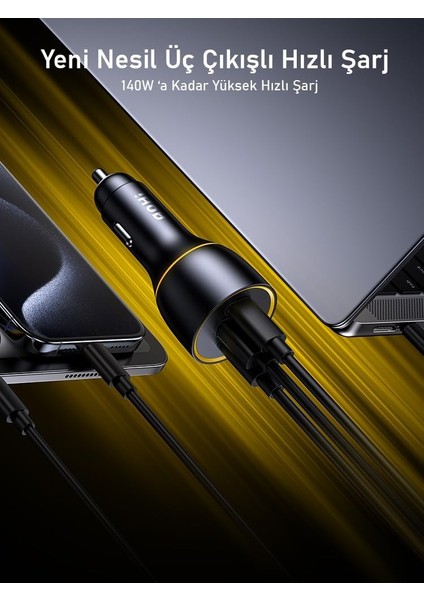 Araç Içi 3 Portlu 170W Şarj Cihazı, 140W 1m Pd 3.1 480MBPS Süper Hızlı Şarj/data Kablosu Seti fırsatları