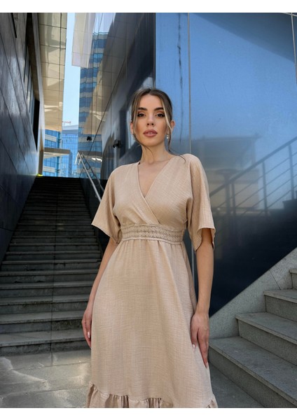 Yarasa Kol Beli Işlemeli Keten Elbise Bej fiyatları