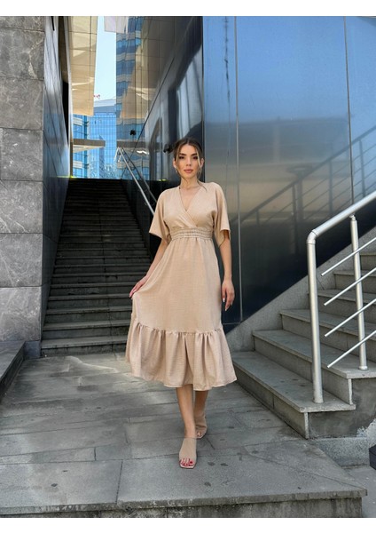 Yarasa Kol Beli Işlemeli Keten Elbise Bej indirimleri
