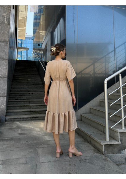 Yarasa Kol Beli Işlemeli Keten Elbise Bej