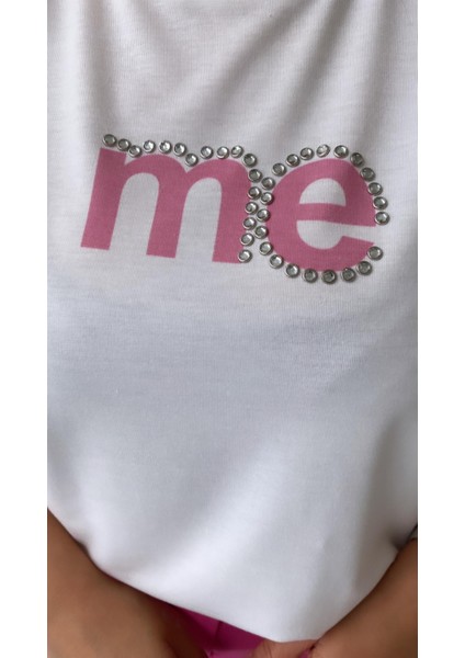 Taşlı Me Yazılı Tişört Ekru Pembe fırsatları