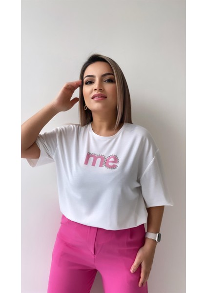 Taşlı Me Yazılı Tişört Ekru Pembe