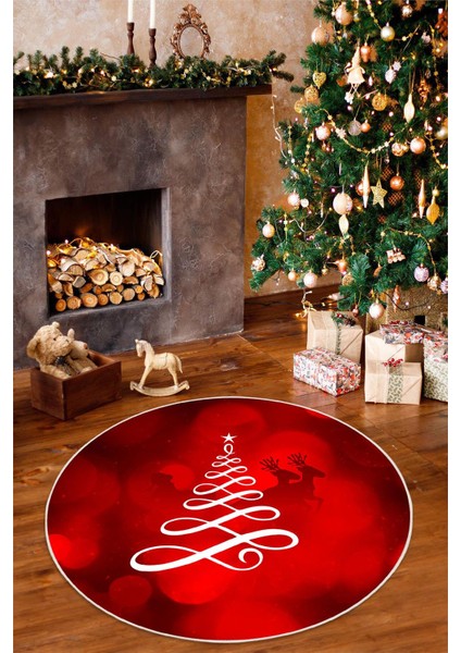 Kırmızı Yılbaşı Temalı Dijital Baskılı Yıkanabilir Kaymaz Yuvarlak Halı