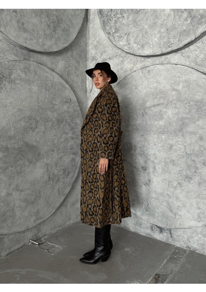 Salaş Midi Kaşe Kaban Leopar Kahverengi