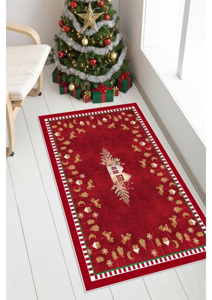 Yılbaşı Desenli Dijital Baskılı Yıkanabilir Kaymaz Taban Kırmızı Halı