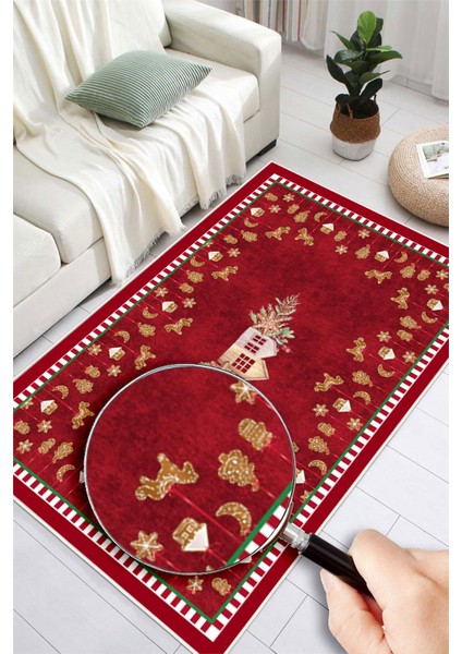 Yılbaşı Desenli Dijital Baskılı Yıkanabilir Kaymaz Taban Kırmızı Halı modelleri