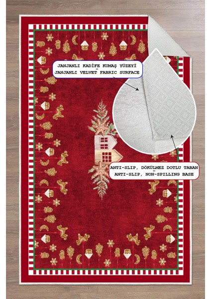 Yılbaşı Desenli Dijital Baskılı Yıkanabilir Kaymaz Taban Kırmızı Halı fırsatları