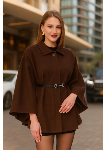 Kadın Kahverengi Şık Kaşe Panço Kemerli Premium Model