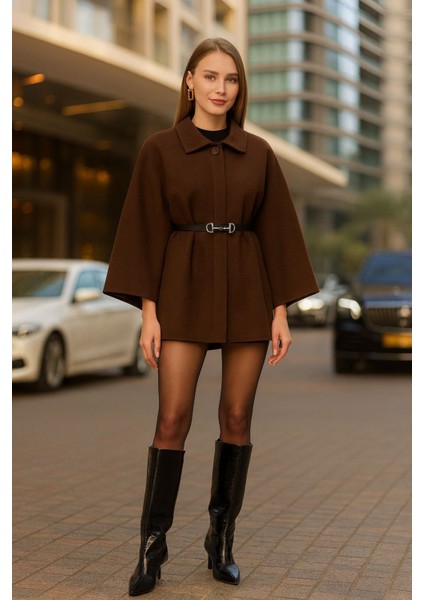Kadın Kahverengi Şık Kaşe Panço Kemerli Premium Model fiyatları