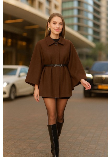 Kadın Kahverengi Şık Kaşe Panço Kemerli Premium Model modelleri