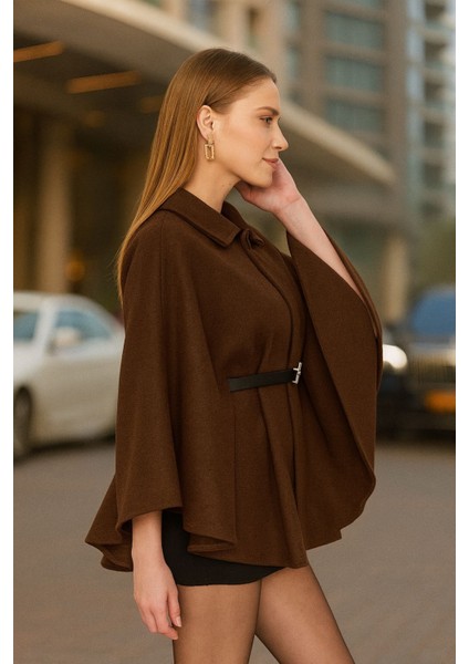 Kadın Kahverengi Şık Kaşe Panço Kemerli Premium Model fırsatları