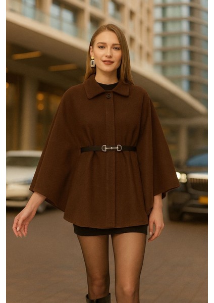 Kadın Kahverengi Şık Kaşe Panço Kemerli Premium Model indirimleri