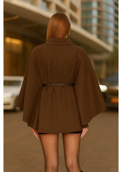Kadın Kahverengi Şık Kaşe Panço Kemerli Premium Model