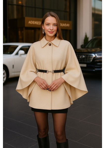 Kadın Bej Şık Kaşe Panço Kemerli Premium Model