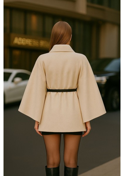 Kadın Bej Şık Kaşe Panço Kemerli Premium Model modelleri