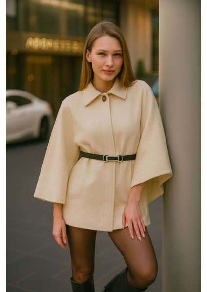 Kadın Bej Şık Kaşe Panço Kemerli Premium Model fırsatları