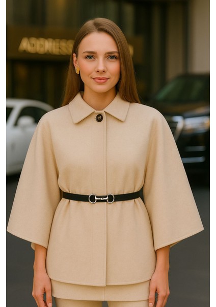 Kadın Bej Şık Kaşe Panço Kemerli Premium Model indirimleri