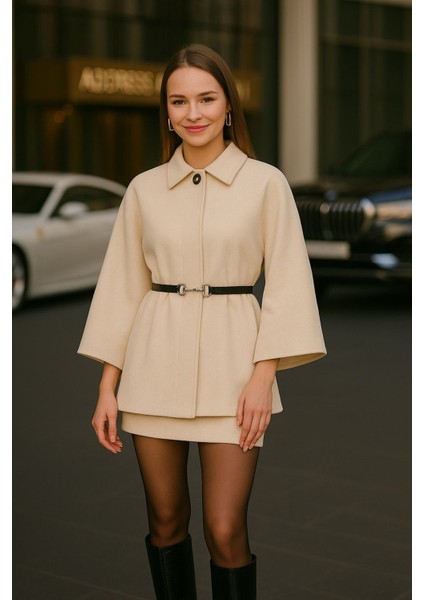 Kadın Bej Şık Kaşe Panço Kemerli Premium Model